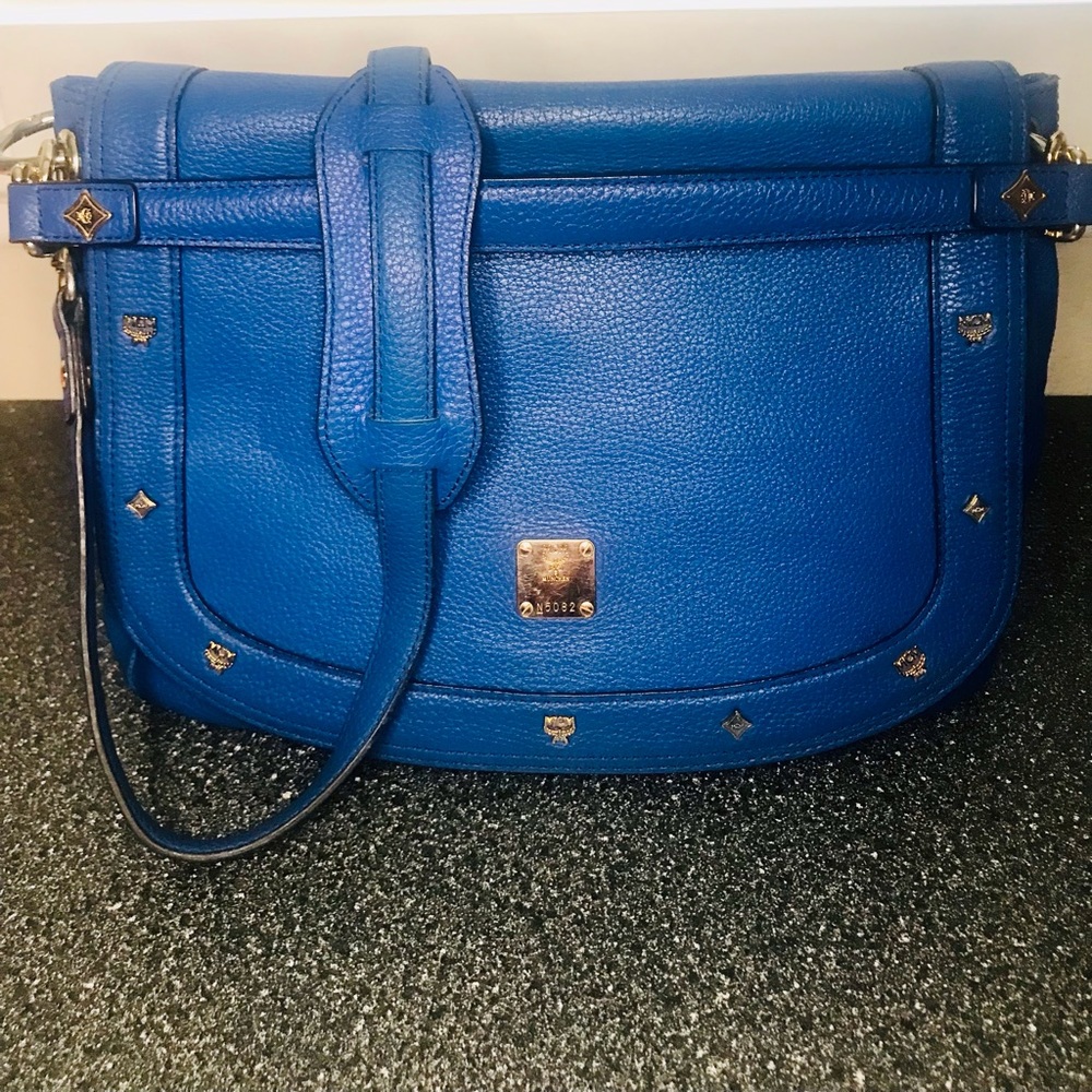 MCM Royal Blue Leather Flap 2way handbag and shoulder bag